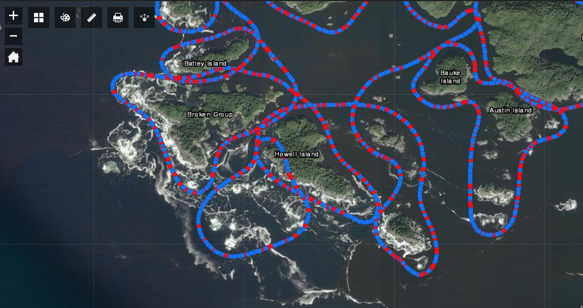 Satellite image of The Broken Group Islands with an overlay of track line dots indicating photo and video files related to an aerial survey.